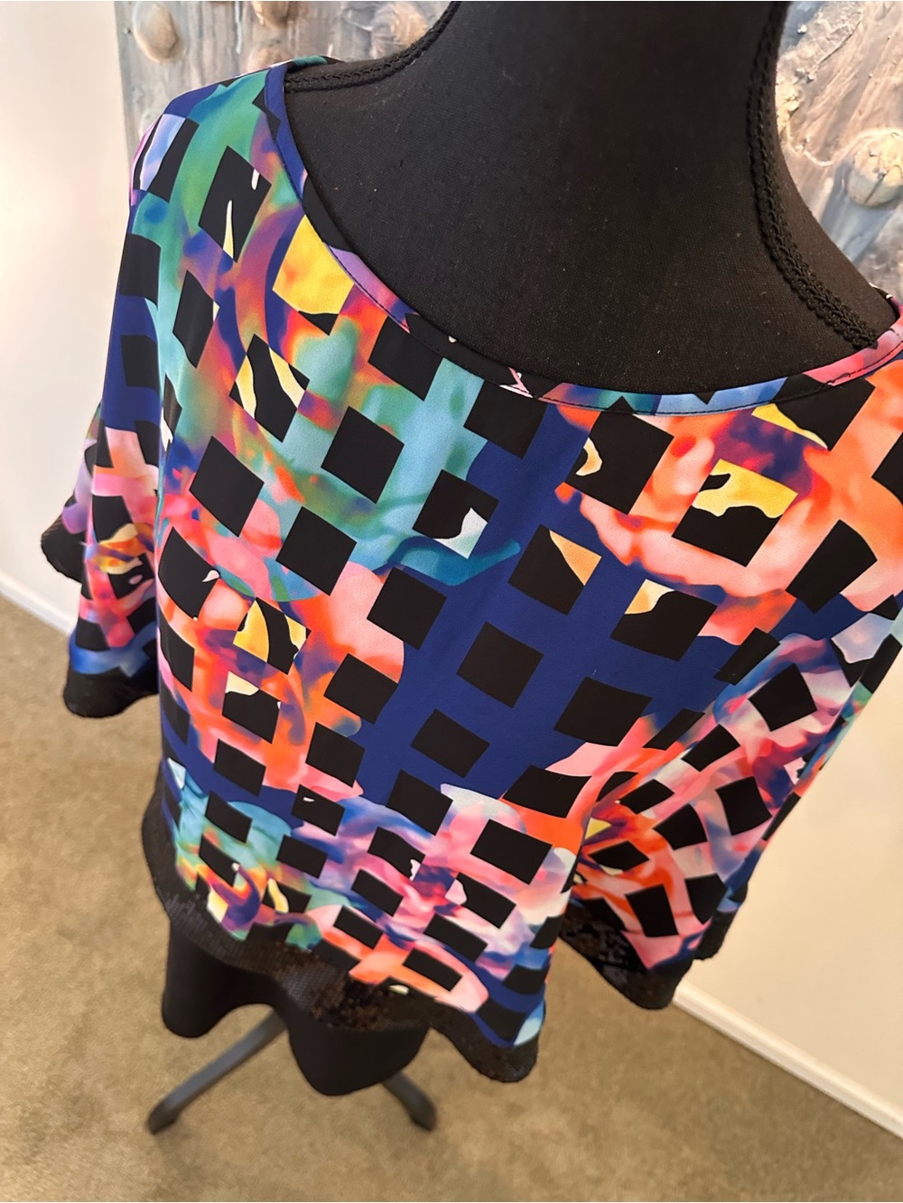 Joseph Ribkoff 12 Multicolor Geometric Overlay Cape Tunic with Sequin Hem - Picture 6 of 10